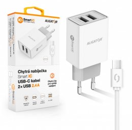 ALIGATOR Chytrá síťová nabíječka 2,4A, 2xUSB, smart IC, bílá, USB-C kabel  (CHA0034)