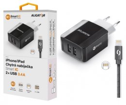 Chytrá síťová nabíječka ALIGATOR 3.4A, 2xUSB, smart IC, černá, kabel pro iPhone/ iPad 2A  (CHS0001)