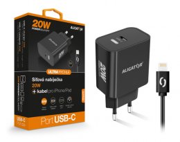 Chytrá síťová nabíječka ALIGATOR Power Delivery 20W, USB-C kabel pro iPhone/ iPad, černá  (CHPD0015)