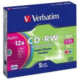 VERBATIM CD-RW(5-Pack)/ Slim/ Colours/ 12x/ 700MB  (43167)