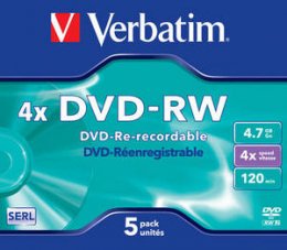 VERBATIM DVD-RW (4x, 4,7GB), 5ks/ pack  (43285)