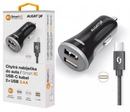 ALIGATOR Chytrá nabíječka do auta 3.4A, 2xUSB, smart IC, černá, USB-C kabel  (CHS0008)