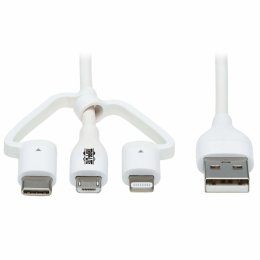 Tripplite Kabel USB-A/ Light.+Micro-B+USB-C,Synch/ Nabíjení,MFi,Samec/ 3xSamec,Safe-IT Antib,bílá,1.2m
