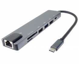 PremiumCord USB-C na HDMI + USB3.0 + USB2.0 + PD + SD/ TF + RJ45 adaptér  (ku31dock16)