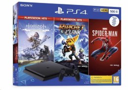 PS4 - Playstation 4 černý 500GB + HZN HITS/  Marvel Spider Man /  R&C HITS  (PS719391708)